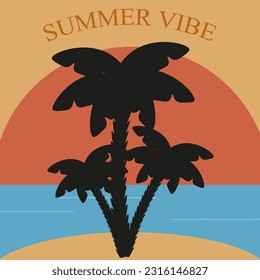 Tropical Island with trees in Retro Styled. Summer Vibe concept. Design for t-shirt print with Palm tree and Sunset on the beach. Square Vector Art.