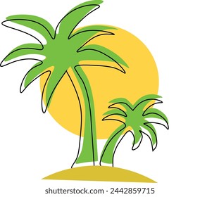 Tropical island with two palm trees against the background of the setting sun
