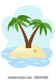 tropical island with two palm trees among the sea