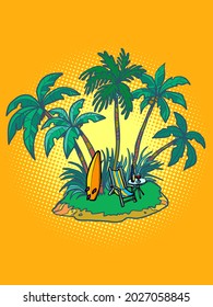 tropical island with an umbrella and a sun lounger