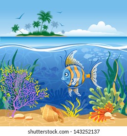 Tropical island and underwater landscape with exotic fish