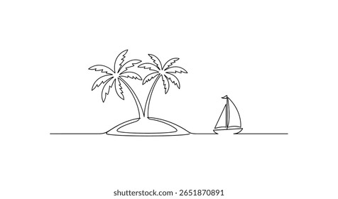 Tropical island vacation paradise with palm trees and sailing boat