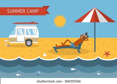 Tropical island vacation postcard with relaxing guy and caravan camper truck on sand beach. Summer camping place landscape concept. Family travel RV campsite scene in flat style.