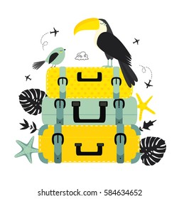 Tropical island. Vacation, recreation, holiday, travel. Cute vector illustration with colorful suitcases and toucan.
