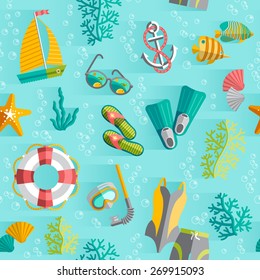 Tropical island vacation souvenir wrap paper seamless pattern with swimming suit and diving snorkel abstract vector illustration