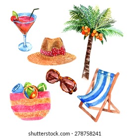 Tropical island  vacation  travel  watercolor icons set with coconut palm and  straw sunhat abstract vector isolated illustration