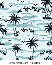 Tropical Island Vector Hand Drawing Style Illustrations, Seamless Pattern.