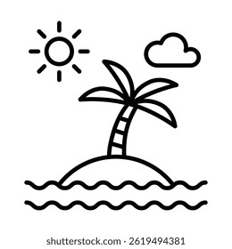 Tropical island vector illustration with palm tree. Editable stroke.