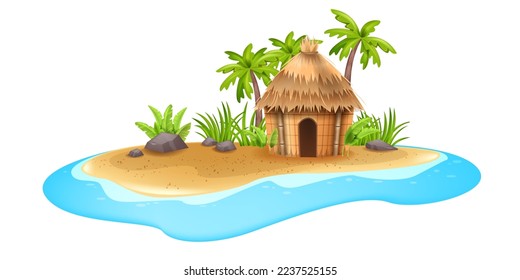 Tropical island vector illustration, stranded Caribbean beach hut, sand sea shore, palm trees, stone. Comic landscape view, lost ocean land summer vacation paradise concept. Cartoon tropical island