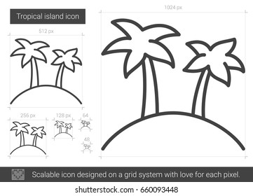 Icono de línea vectorial de isla tropical aislado en fondo blanco. Icono de línea de isla tropical para infografía, sitio web o aplicación. Icono escalable diseñado en un sistema de cuadrícula.