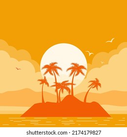 Afiche vectorial de isla tropical con sol y nubes, silueta de palmas en el afiche horizone fondo marino para el diseño