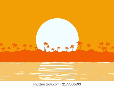 Afiche vectorial de isla tropical con sol, olas de mar y silueta de palmeras en el afiche horizone fondo marino para el diseño