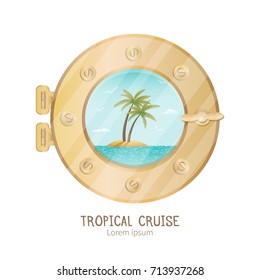 Tropical  island view thru porthole on cruise yacht.  All objects are conveniently grouped and located on separate layers.
