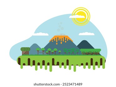 Tropical Island with Volcano Eruption Flat Design. Nature and exotic travel location concept vector art