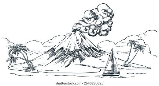 Tropical island with volcano, palm trees and sailing yacht. Vector hand drawn sketch landscape illustration. Summer beach vacation, exotic marine travel, graphic print design elements
