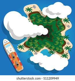 Tropical island with a volcano. View from above. Vector illustration.