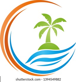 Tropical island, water and sun logo