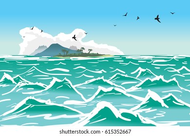 Tropical island wave. Sea summer landscape. Vector cartoon flat illustration