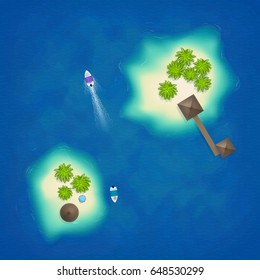 Tropical islands aerial top view with boats and bamboo huts, vector illustration