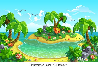 Tropical islands with fantastic plants and palm trees. Vector illustration.