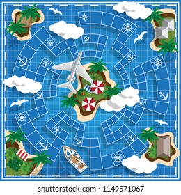 Tropical Islands on the map. Game board. View from above. Vector illustration.