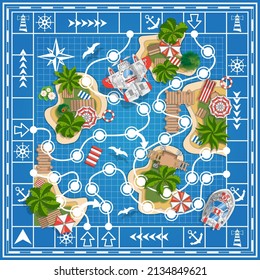 Islas Tropicales en el mapa. Juego. Vista desde arriba. Ilustración vectorial.