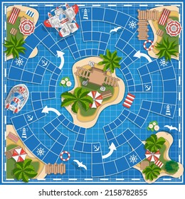 Islas tropicales en el mapa. Juego. Vista desde arriba. Ilustración vectorial. 