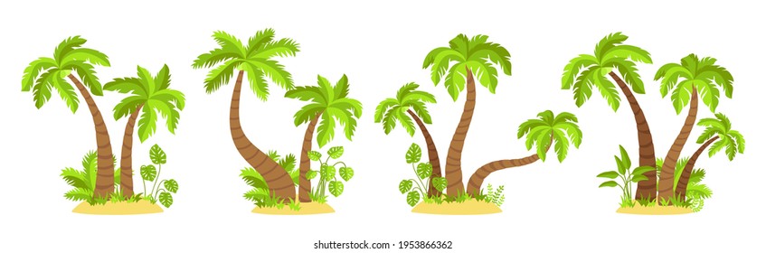 Tropical islands with palm trees flat cartoon set. Exotic herbs and plants, monstera, coconut palm trees nature design element. Hand drawn tree mature and young plants forest. Vector illustration