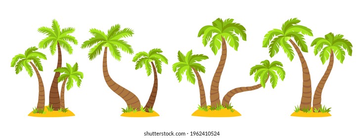 Tropical islands with palm trees flat cartoon set. Coconut palm trees nature design element. Hand drawn tree mature and young plants forest. Isolated vector illustration