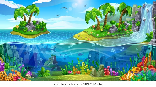 Tropical islands with palm trees and a waterfall over the colorful underwater world with algaes, coral, sponges, stones and fishes are on the seabed.