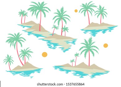 Tropical islands set with palm trees, sand and water isolated on white. Flat design. Summer holidays illustration. 