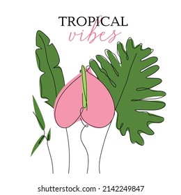 Tropical Isolate composition of exotic big leaves, bamboo, hawaii flower, Anthurium. Outline vector illustration Biophilia can be use to wedding invitation in hand drawn one line art style.