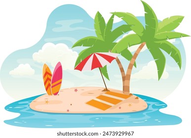 Tropical isolated island banner with beach umbrella, surfing board and palm tree