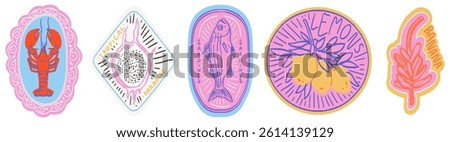 Tropical and italian summer postage stamps stickers. Vector illustration of lobster, dragon fruit, sardines, lemons and banana for print, placards or poster wall art design in trendy charcoal style.