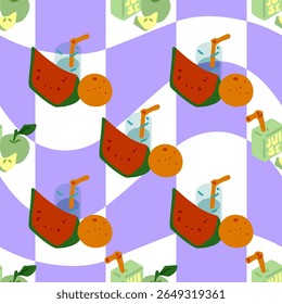 Tropical Juice Fiesta Pattern. Seamless pattern with watermelon, orange, juice packs and glasses on wavy purple background. Flat cartoon fresh style.
