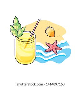 tropical juice fruit fresh in beach with starfish