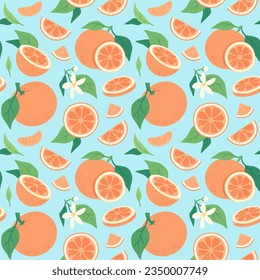 Tropische, saftige Orangen, nahtlose Muster, Stoffe oder Tapeten mit orangefarbenen Scheiben und Blumen. Handgezeichnete Textur mit Mandarincitrusfrüchten und Blättern, exotischer tangeriner FruchtVektorhintergrund