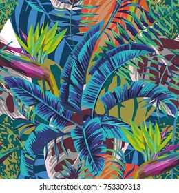 Tropical jungle abstract color bird of baradise banana leaves begonia seamless background. Vector pattern wallpaper