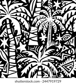 Tropical jungle and abstract palms  tree, seamless vector floral pattern vintage background in hawaiian style. silhouettes of palms and abstract shapes in black and white 