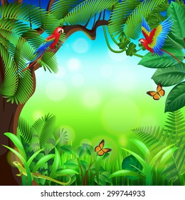 Tropical jungle with animals photo realistic vector background