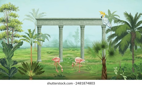 Tropical jungle with arch Flamingos and Banana leaves Tropical leaves wallpaper.