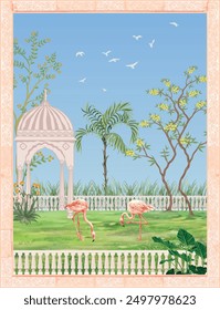 Tropical jungle with arch Flamingos and Banana leaves Tropical leaves wallpaper. Illustration for wedding invitation.