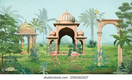 Tropical jungle with arch Flamingos and Banana leaves Tropical leaves wallpaper.
