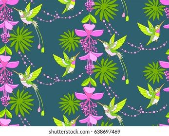 Tropical or jungle background. Flowers and palm leaf and hummingbird seamless pattern.
