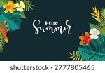 Tropical jungle background frame. Green leaves border, palm foliage, Hawaii summer plant design. Vector Brazil Amazon forest vibes illustration. Floral hibiscus accents. Goa beach party paradise bg