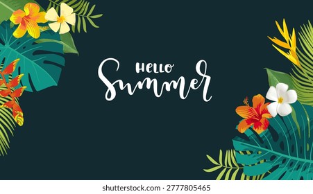 Tropical jungle background frame. Green leaves border, palm foliage, Hawaii summer plant design. Vector Brazil Amazon forest vibes illustration. Floral hibiscus accents. Goa beach party paradise bg