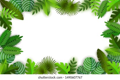 Tropical jungle background with palm trees leaves vector illustration isolated on white. Green summer foliage exotic frame for promotion and advertising design.