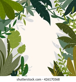 Tropical jungle background with palm trees and leaves in cartoon style. Vector illustration