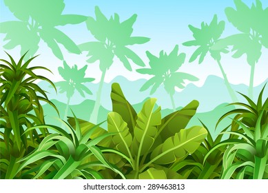 Tropical jungle background. Stylized plants and leaves. Vector illustration.