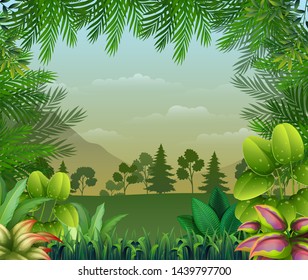 Tropical jungle background with trees and leaves